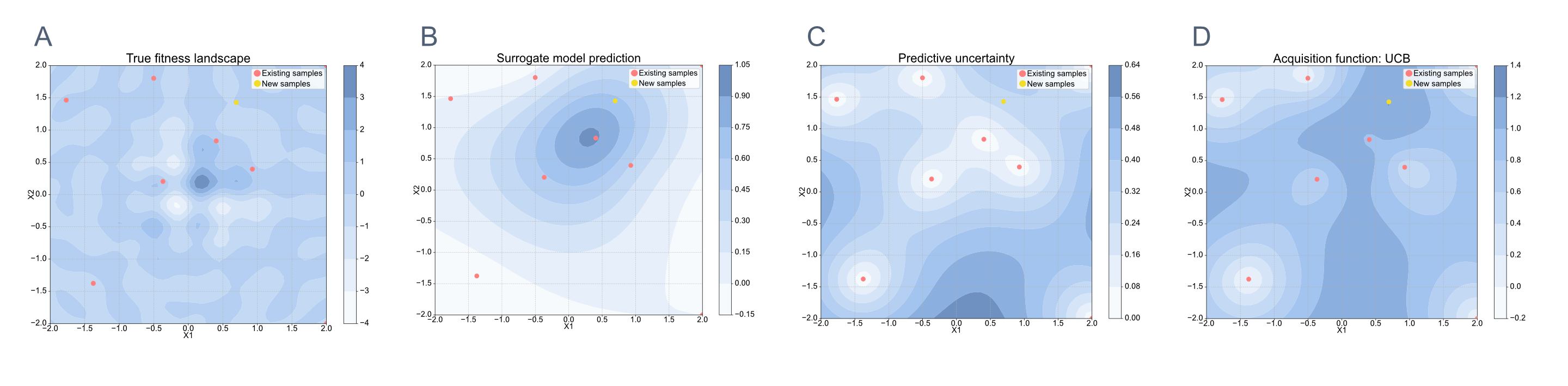 How model-based sampling methods explore a 2D simulated fitness landscape.