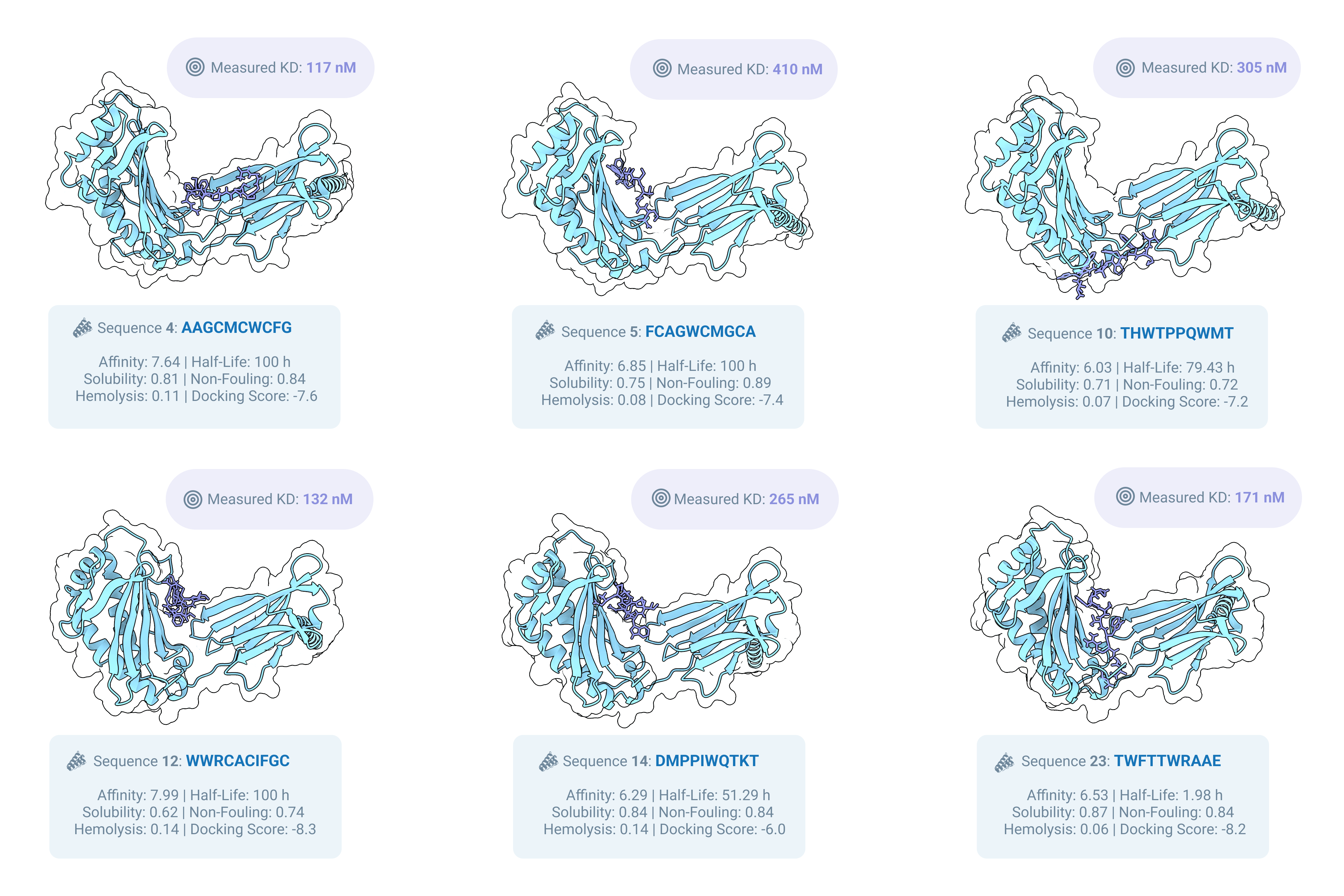 Grid of all successful MOG-DFM binders with KD values and in silico scores. In silico scores provided by the Programmable Biology Group.